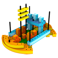 A colorful boat made from BAKOBA building blocks, designed to float on water.