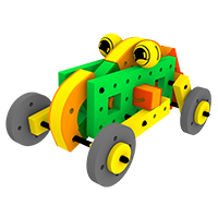 Colorful toy car constructed from BAKOBA building blocks, featuring large wheels and bright colors.